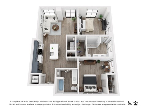 Floor plan for 2 beds, 2 baths, 1103 sqft
